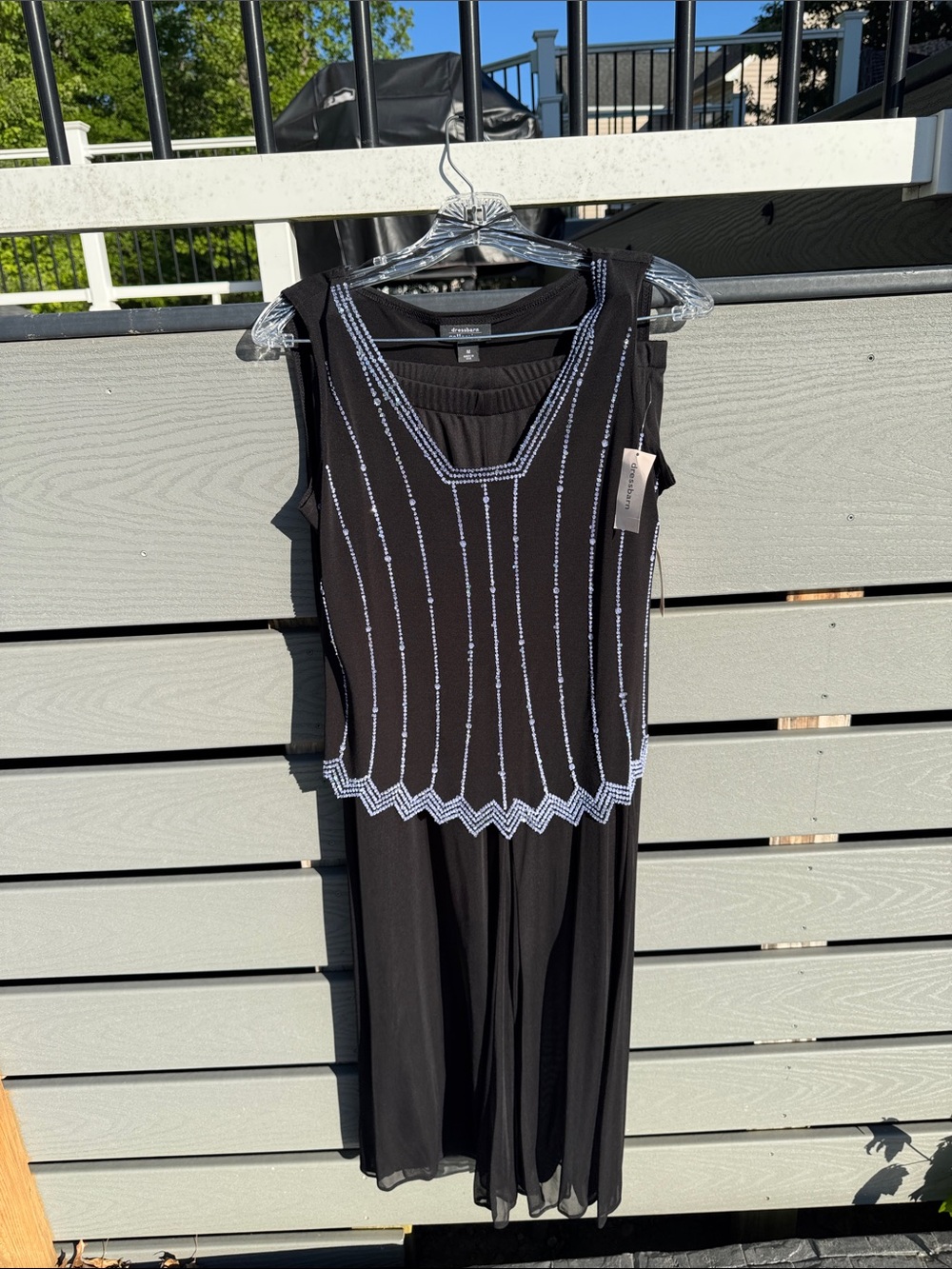 Dressy Black Sleeveless Top Beaded Trim & Flowy Chiffon Pants (Set)